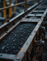 Industrial belt conveyor transporting coal in a mining facility