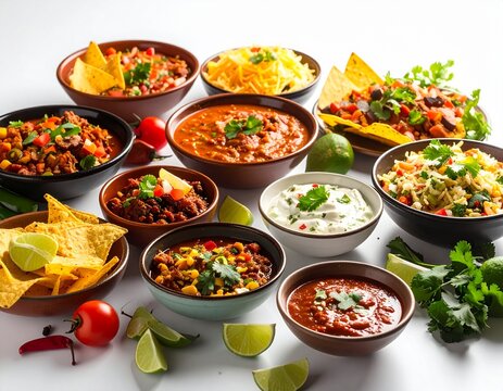 "Cinematic still life photography, diverse Mexican cuisine, clean white backdrop, rich and appetizing color grading, dramatic backlighting, shallow depth of field, unique composition, ultra-high defin - Powered by Adobe