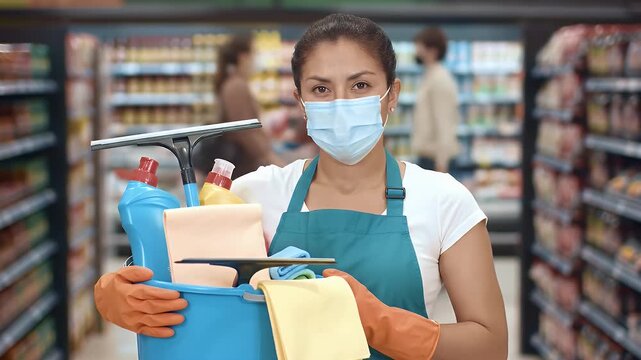 Woman in Apron with Blue Face Mask Holding Cleaning Supplies in Supermarket Aisle with Blurry Background Product Display Shelves