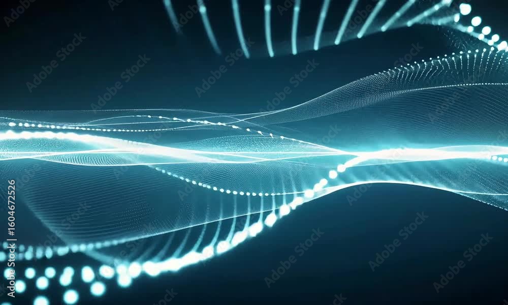 Poster abstract blue light strings and glowing dots flowing in a wave pattern on a dark background