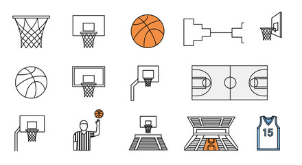 Collection of basketball court and game elements for sports design projects