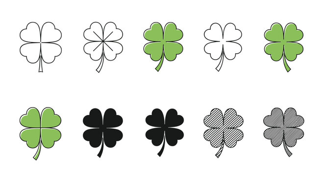 Collection of five leaf clover icons in various styles and colors for good luck symbols