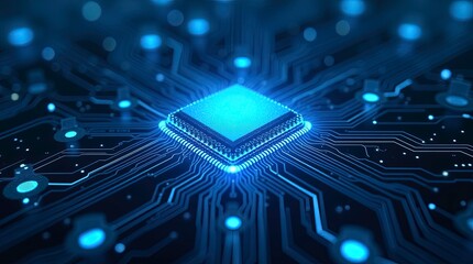 3d render Close up of a central processing unit (CPU) on a circuit board, glowing blue.
