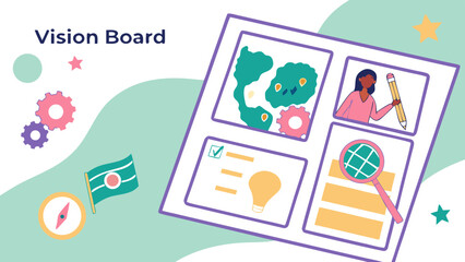 Illustration of a vision board with various images including a woman, map, lightbulb, and magnifying glass