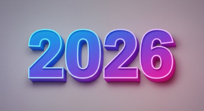 3D render of the year 2026, each digit colored with a gradient from blue to pink with a white border, set on a light grey background