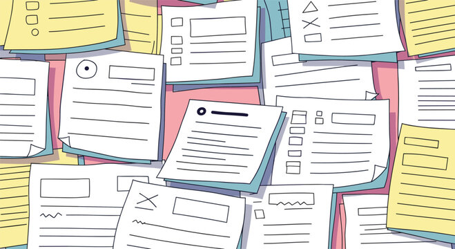 Organizing information and tasks on many sticky notes and papers covering a wall with text and checkmarks