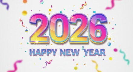 Colorful "2026" in bold font, with "Happy New Year" below, surrounded by confetti and ribbons on a white background
