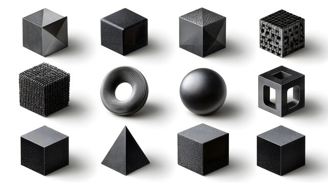 Assorted geometric shapes in matte black.