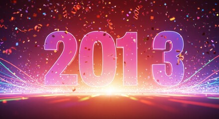 Festive 2013 New Year's visual, large numerals glowing brightly above light trails and confetti against a rich, dark gradient