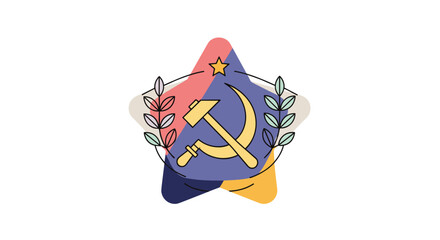 Naklejka premium A stylized representation of socialist ideology featuring a hammer and sickle emblem surrounded by organic elements and geometric shapes symbolizing collectivism and progress
