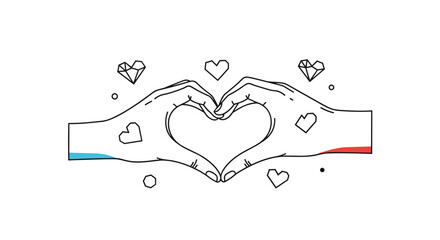 Creating a beautiful heart shape with hands surrounded by love symbols and glittering gems for a heartfelt design