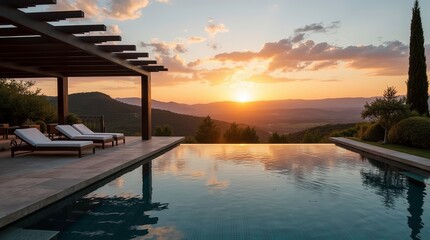 A breathtaking view of sunset ocean view modern cliffside home infinity pool.