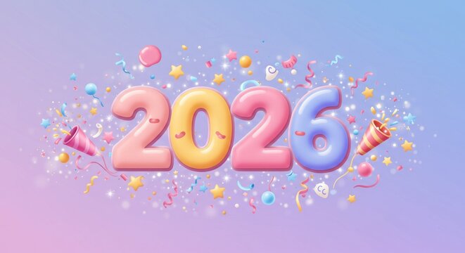 Whimsical 3D numerals "2026" float amid confetti, stars, streamers, and party favors against a pastel gradient