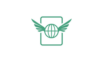 Modern and minimalist logo of a mobile phone with wings and a globe, representing global communication, travel, and technology