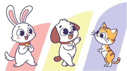 Obraz premium Illustration of a cartoon rabbit, dog, and cat standing against colored backgrounds in a row design