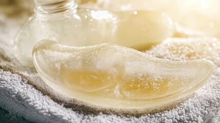 Transparent gel pads on a towel with soothing light backdrop