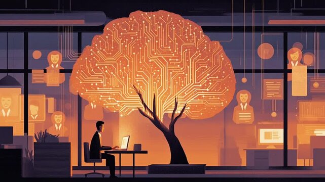 open plan office, lone man begins typing golden orange circuit lines blossom glowing data tree. Co-workers&rsquo; faces light light UI elements tree volumetric light, semi abstract background