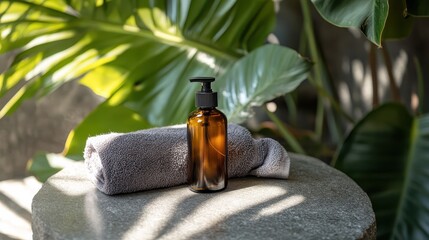 Amber Bottle with Pump and Towel on Stone Surface in Nature Setting