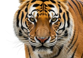 Majestic Tiger Close Up Portrait with Intense Gaze on White Background