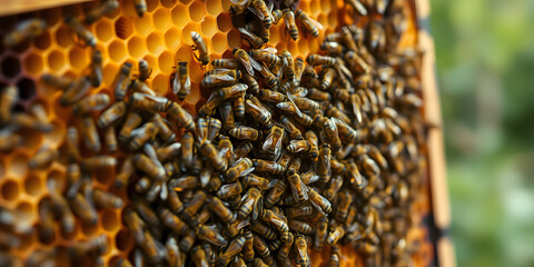 A close up of a honeycomb frame covered in many bees working and moving around the hive structure