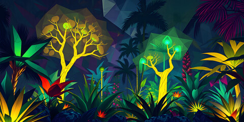 Artistic jungle scene with vibrant colors and geometric background shapes and glowing trees at night