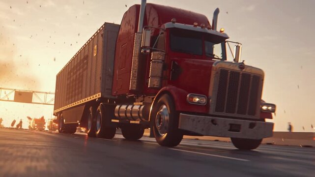 cinematic frame massive red semi-truck frozen mid-air after colliding highway divider, debris fire trucks racing, emergency running toward scene, sunrise backlight, dust sparks frozen, epic disaster