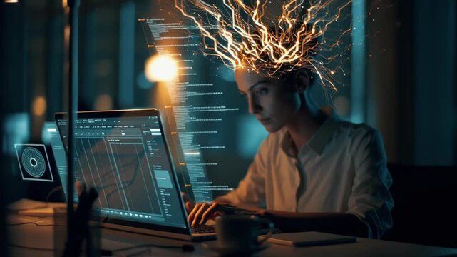 Slow dolly-in on a businesswoman deep typing. Her visualized as glowing branches head keyboard office walls. Circuit tree overlays connect colleagues desks, neural hive dark chrome reflections, HUD ov