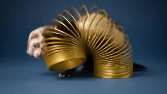 Playful Ferret and Slinky Toy - A curious ferret interacts with a golden slinky toy against a deep blue background.
