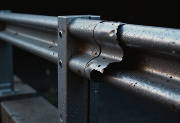 Twisted guardrail damaged by high-speed vehicle impact