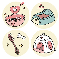 Illustration showing pet care items including a food bowl, bed, grooming comb, and a small pet tent house