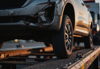 Tow truck lifting damaged vehicle onto flatbed trailer for transport