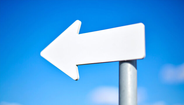 White direction sign on blue background. Pointing arrow.