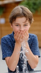 Young Boy Splashing Water on His Face While Brushing Teeth Outdoors in a Playful Summer Setting