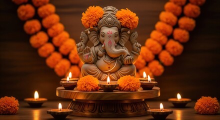 Eco-Friendly Clay Ganesh Idol with Marigold and Diyas – Ganesh Wallpaper HD for Desktop & Social Media