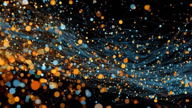 Glowing orange and blue particles flow in dynamic light trails on a dark background, abstract concept of data, motion, and digital energy