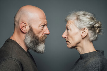 Emotional confrontation between a middle aged couple captured in a candid moment against a soft gray backdrop