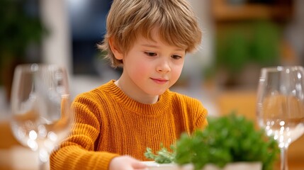 Young Boy in Orange Sweater Setting the Table with Greenery and Glassware in a Cozy Indoor Kitchen