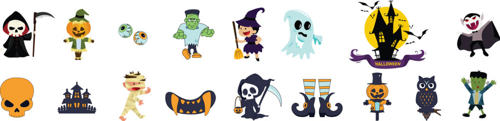 Halloween icons flat frightening symbols vector.
