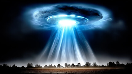 Classic alien abduction scene with a flying saucer shining a beam of light on a rural landscape.