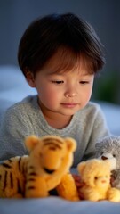 Young Child Arranging Colorful Stuffed Animals on a Soft Surface in Cozy Indoor Atmosphere