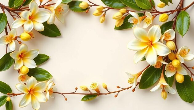 Elegant calamansi & sampaguita blossoms frame, light background, copy space, design, yellow