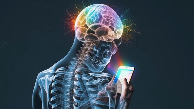 Medical teenager smartphone, chest rainbow glowing energy mid-air, brain regions amygdala, nucleus accumbens, prefrontal cortex each glowing phone addiction 4K cinematic, medical x-ray overlay 4k