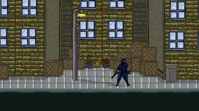 Animation from an old 32-bit game of a ninja with his sword fighting in the street against enemies, pixel art.