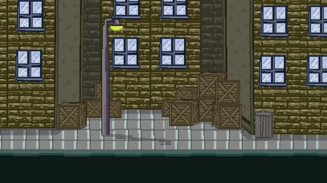 Animation from an old 32-bit game of a street scene passing by, pixel art.