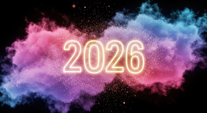 Glowing gold 2026 floats within a vibrant pink, purple, and blue cloud formation. Sparkles pepper the dark, star-filled background