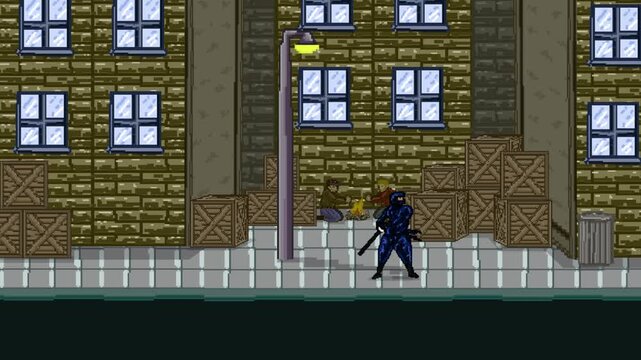 Animation from an old 32-bit game of a ninja with his sword walking and jumping in the street, pixel art.