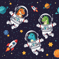 A delightful illustration showcases three cute cartoon dinosaurs in astronaut suits exploring the vibrant cosmos, surrounded by planets, stars, and rockets.