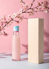 Delicate pink skincare bottle and wooden block under cherry blossom branches