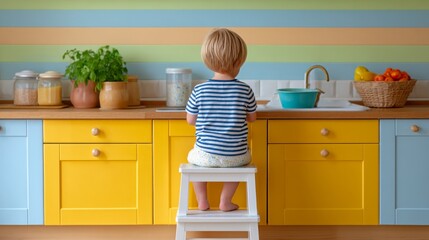 Young Child Washing Dishes in a Colorful Kitchen with Striped Wallpaper and Vibrant Cabinets