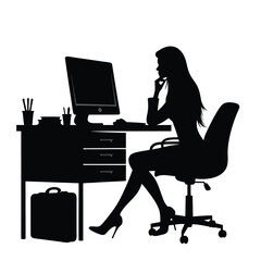 Woman at desk working on computer silhouette office chair